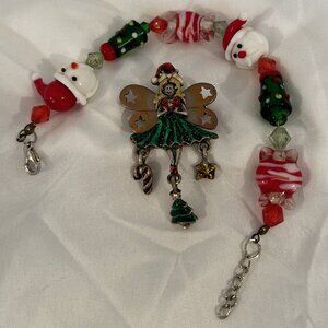 Retro Christmas Glass Santa Bracelet and Christmas Fairy Enameled Pin